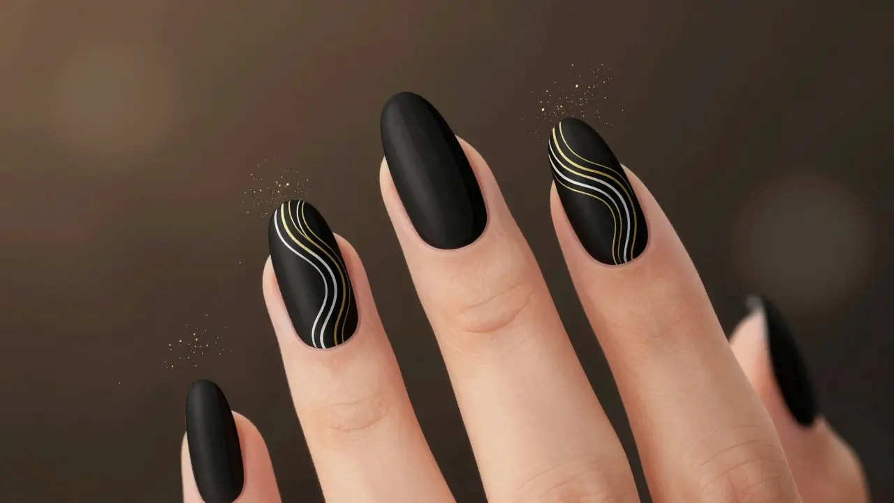 Zlaté a bílé US čáry na černých nehtech s jemným leskem.