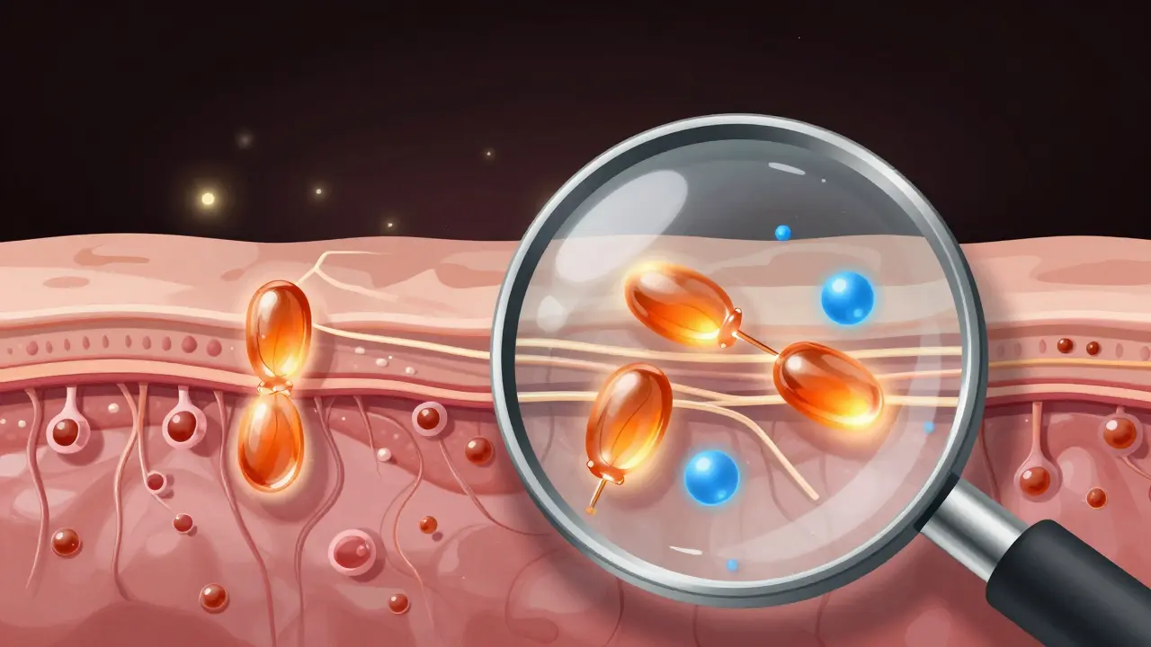 Zvětšený pohled na kůži s molekulami retinolu stimulujícími kolagen a obnovu buněk.