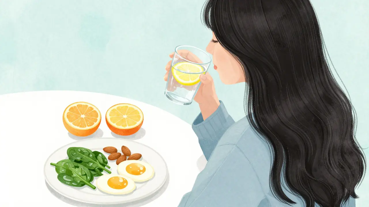 Denní výživa pro vlasy s vejci, špenátem, vodou a mandlemi v klidné scéně.