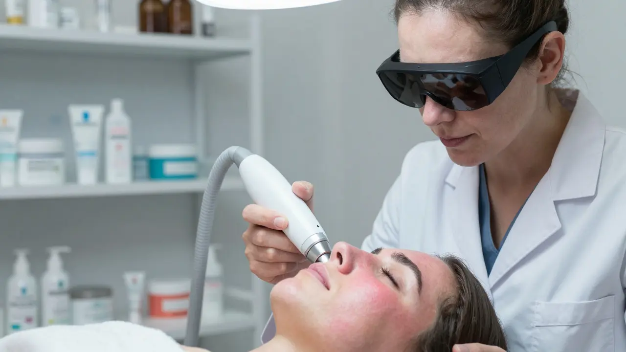 Dermatolog léčí zarudlou pleť laserem v klinickém prostředí.