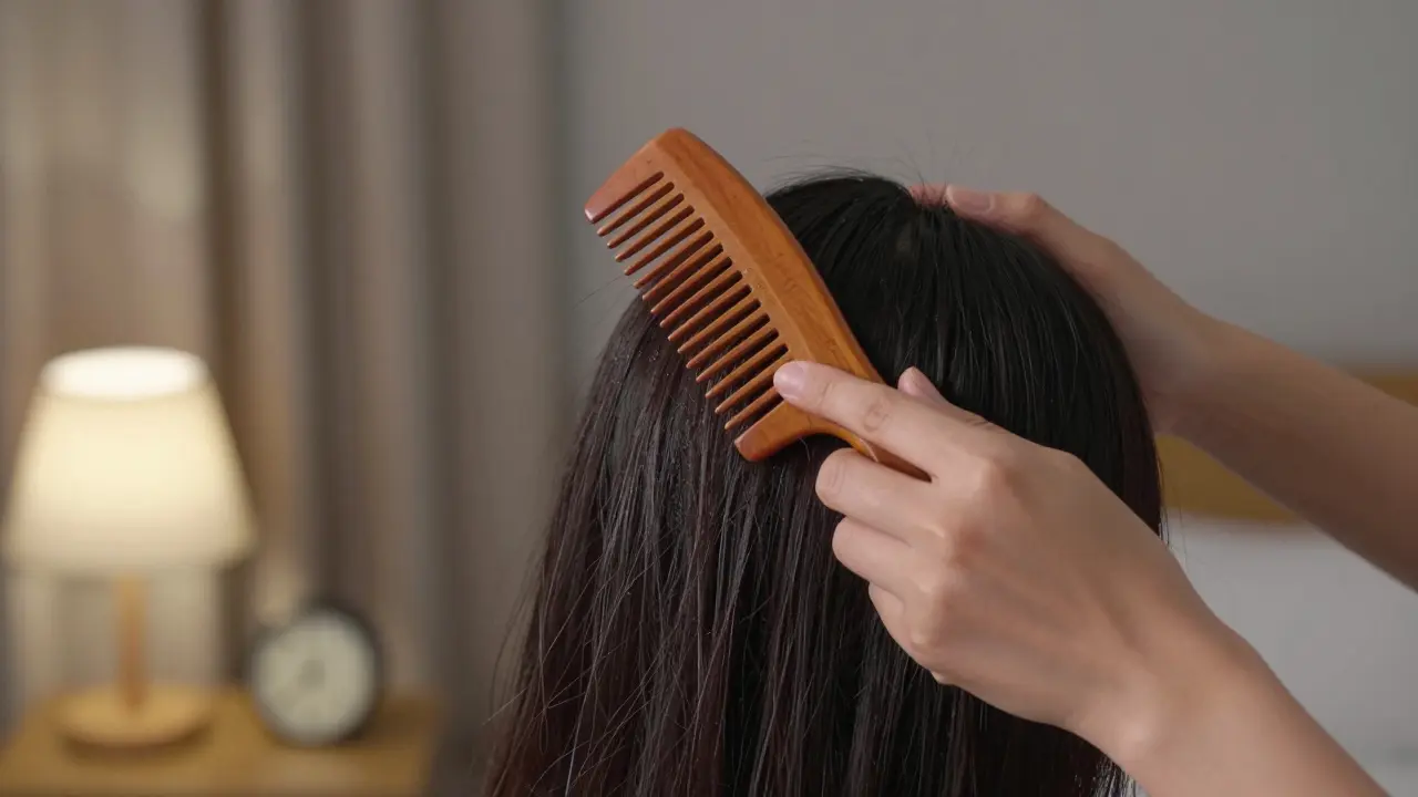 Dívka pročesává vlasy dřevěným hřebenem po masáži před spaním.