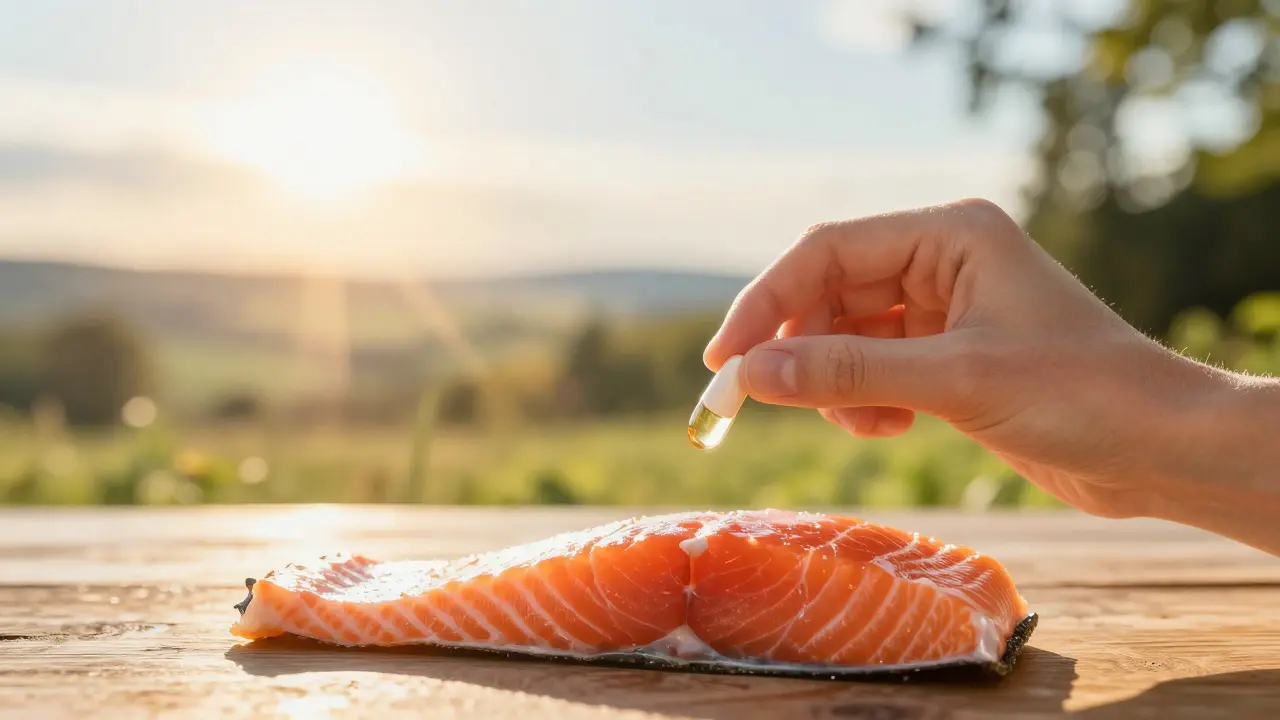 Doplněk vitamínu D s lososem a slunečními paprsky na stole