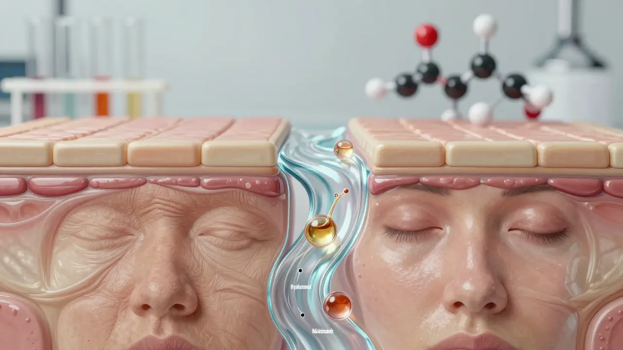 Dvě strany obličeje: jedna bez séra suchá a vráskovitá, druhá s sérem lesklá a zdravá.