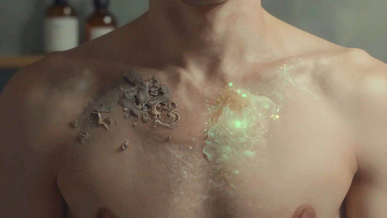 Dvě strany těla: jedna s hrubou, šedivou kůží, druhá s hladkou, zářivou kůží po chemickém peelingu.