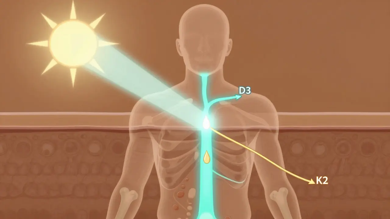 Koncepční obrázek ukazující, jak vitamín D3 a K2 spolupracují s vápníkem v těle.
