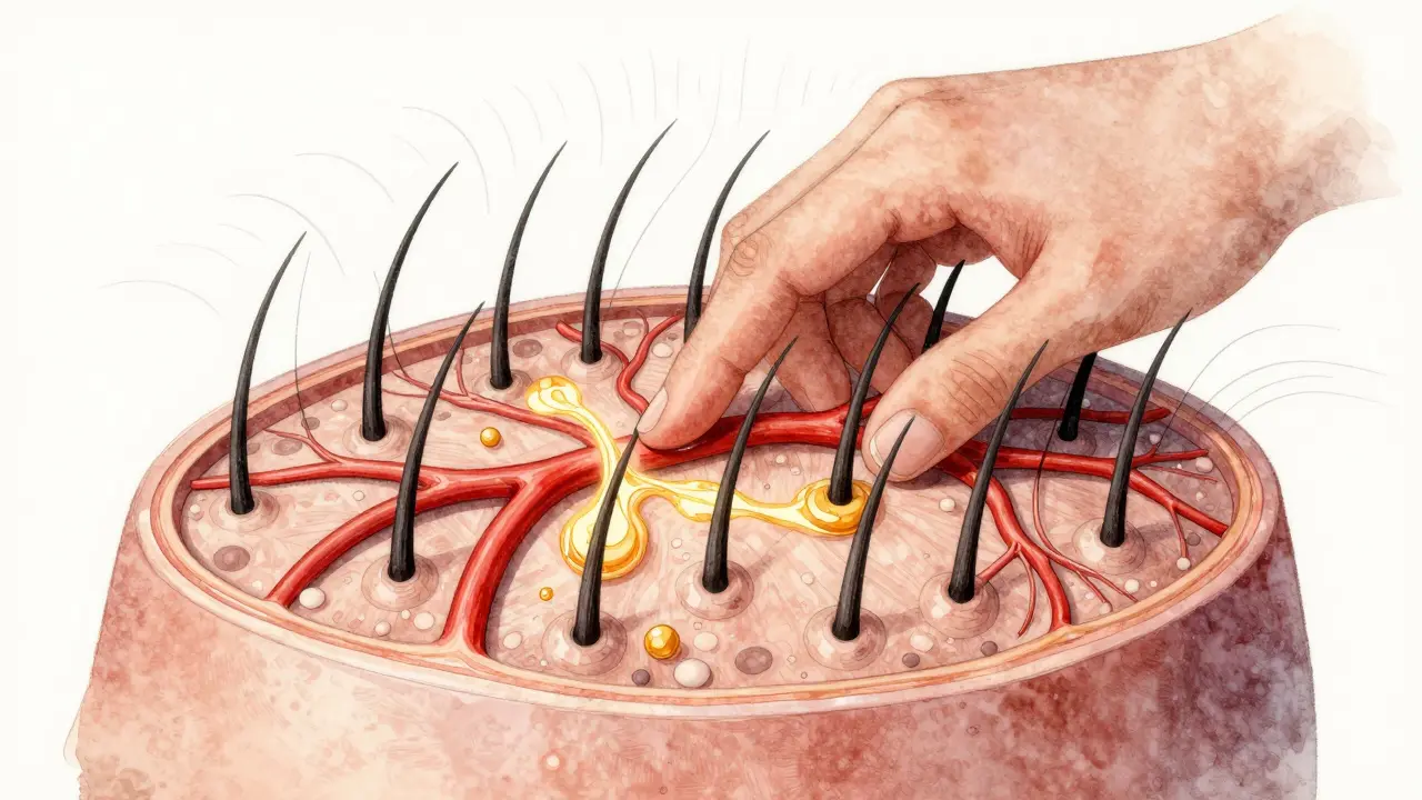 Křížový řez pokožky hlavy s aktivovanými krevními cévami a vlasovými folikuly.