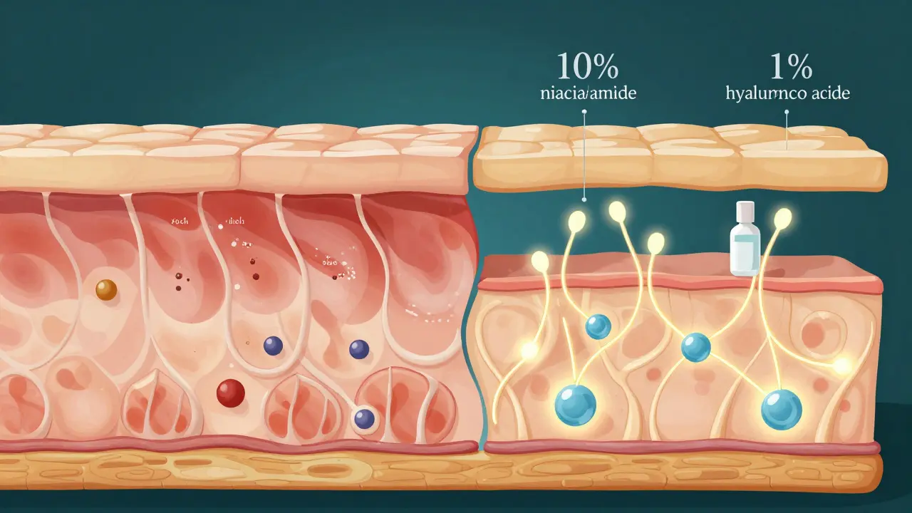 Křížový řez pokožky: levá strana znečištěná, pravá strana zdravá s aktivními látkami pronikajícími do kůže.