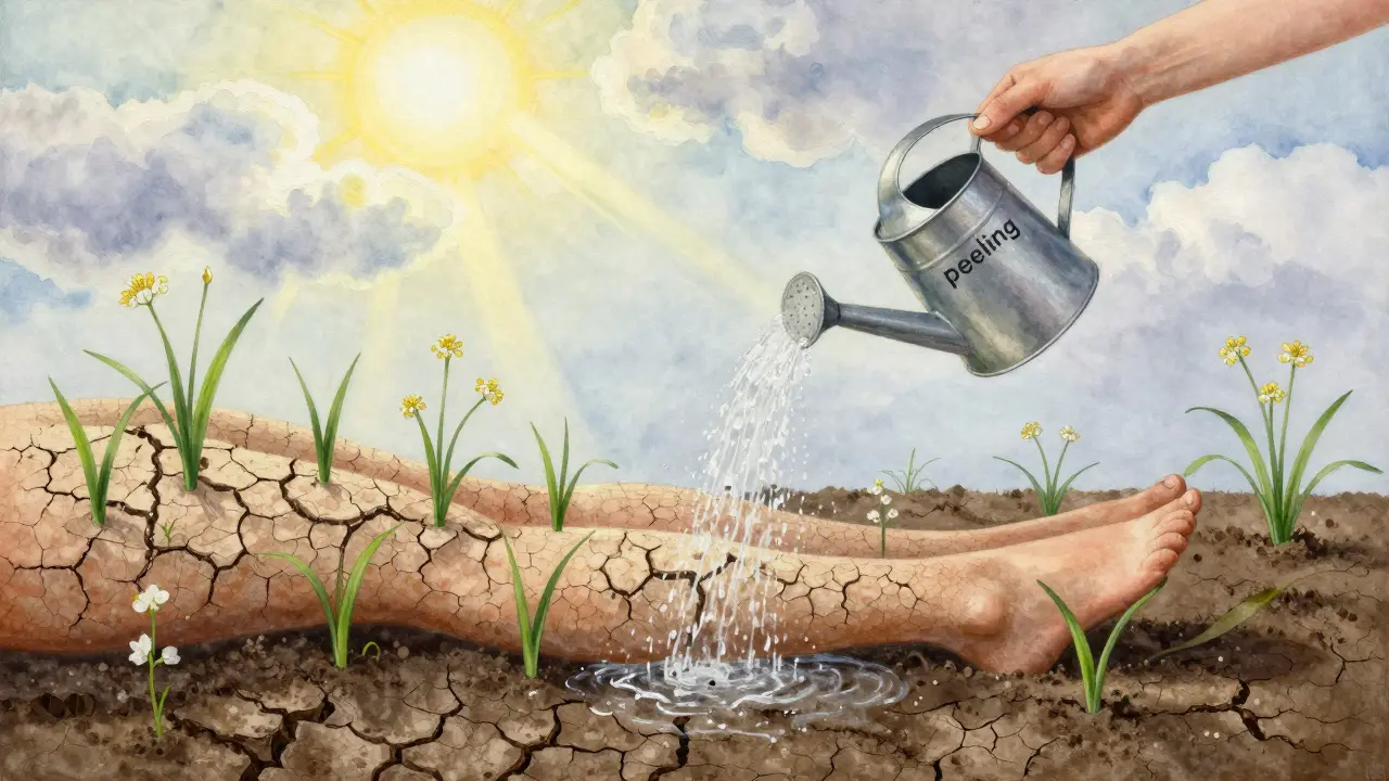  lidské tělo jako zahrada, kde nové květy prorážejí suchou, prasklou půdu představující mrtvé buňky.