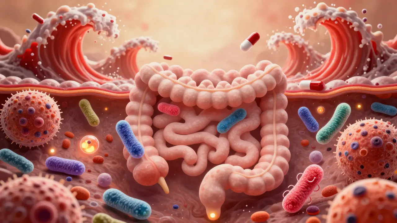 Mikroskopický pohled na střevní mikroflóru s užitečnými bakteriemi obnovujícími střevní sliznici.