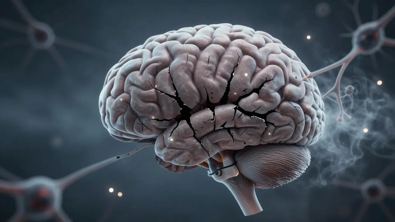 Mozeček s poklesem šedé hmoty v přední části a přerušenými nervovými spojeními