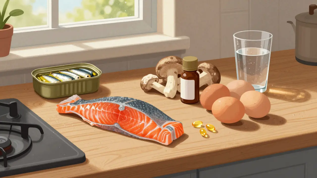 Na stole jsou losos, sardinky, houby a vajíčka vedle kapslí vitamínu D3.