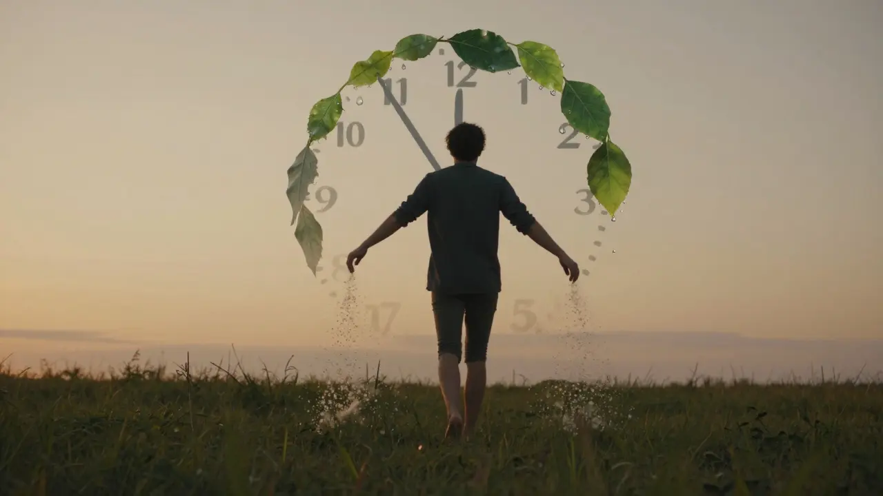 Osoba chodí po trávě v západu slunce, toxiny se rozplynou do vzduchu jako jemné částice.