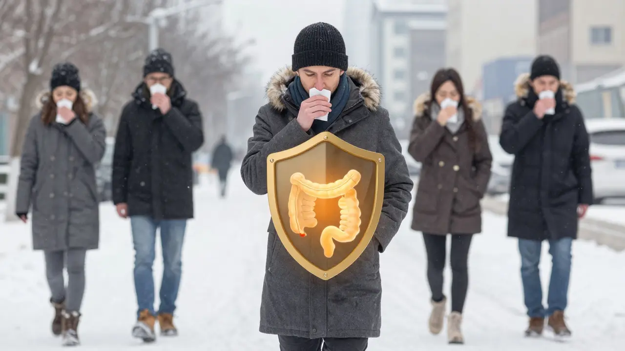 Osoba chráněná zlatým štítem imunity během zimního města s kašlajícími lidmi kolem.