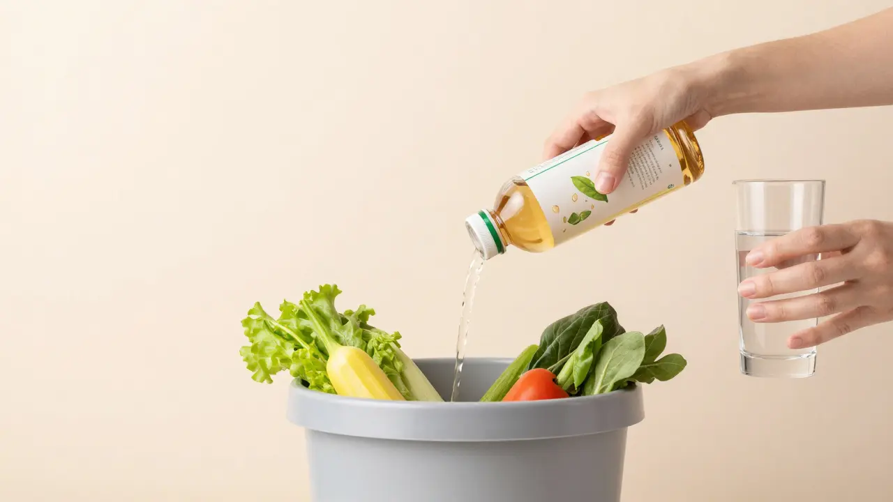 Osoba háže detoxní šťávu do koše s vodou a zeleninou.