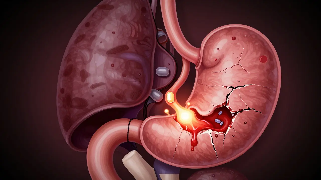 Pankreas a žaludek s vnitřním zánětem a krvácením
