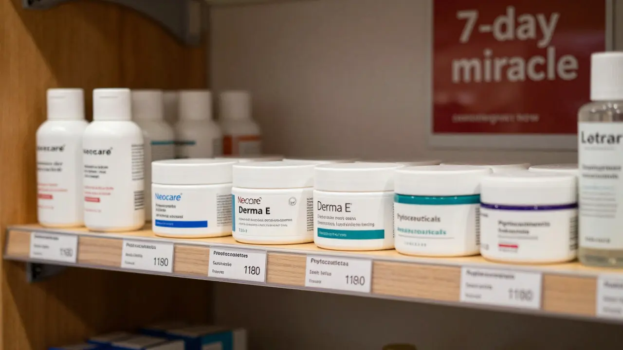 Policí v lékárně s českými dermokosmetikami vedle luxusních značek, cena je poloviční a reklamy mizí v prachu.