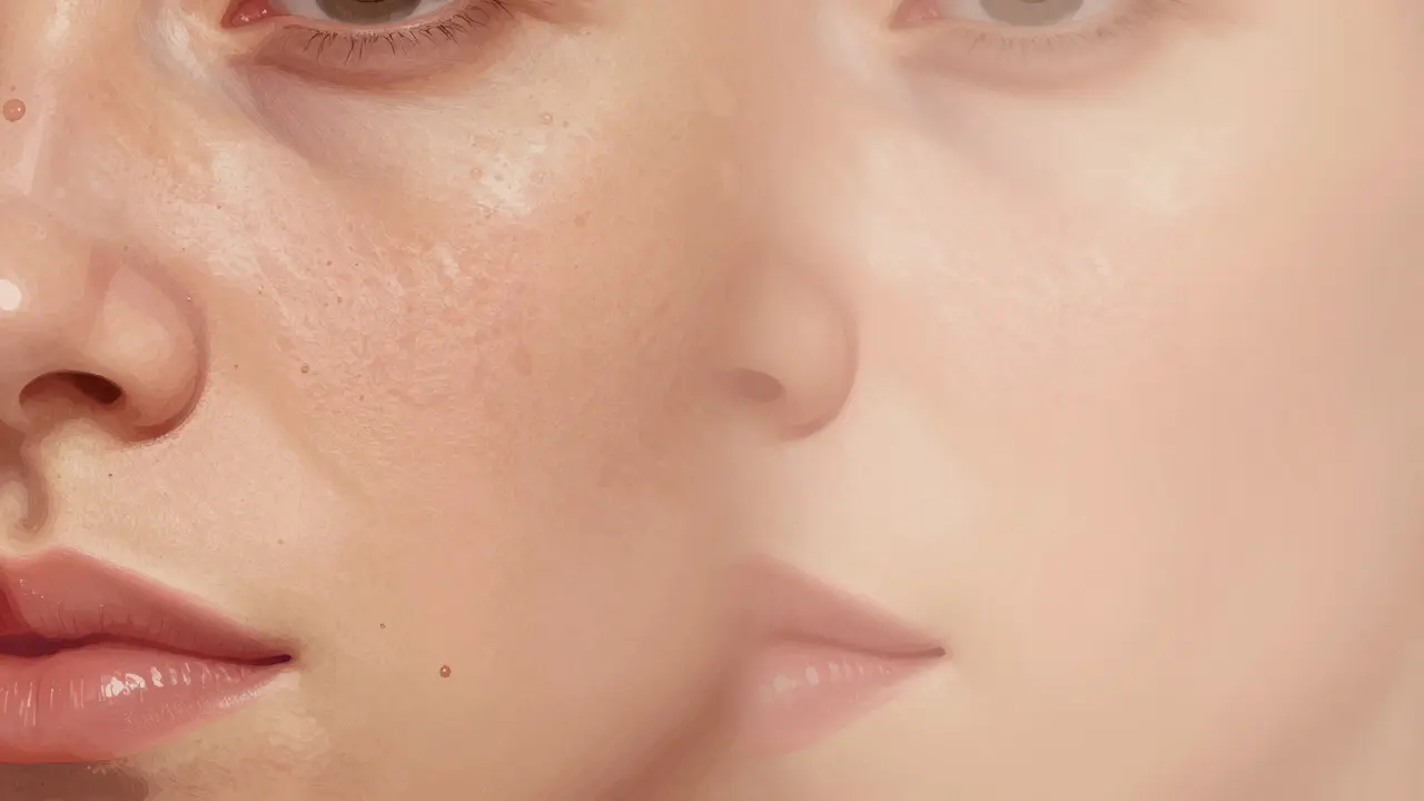 Porovnání pokožky před a po použití primeru — nerovnosti vs. hladký povrch.