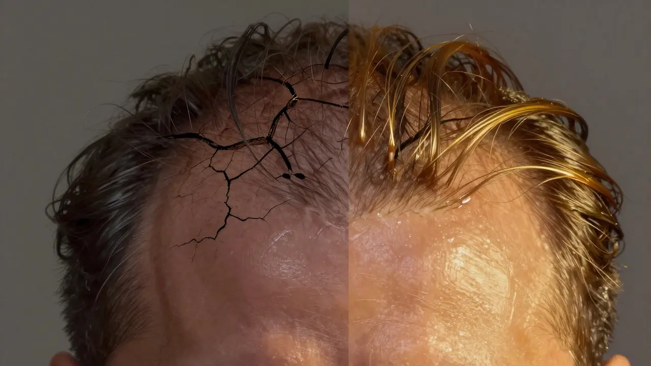 Porovnání zdravé a poškozené vlasové pokožky: jedna strana zdravá a živá, druhá suchá a zánětlivá.