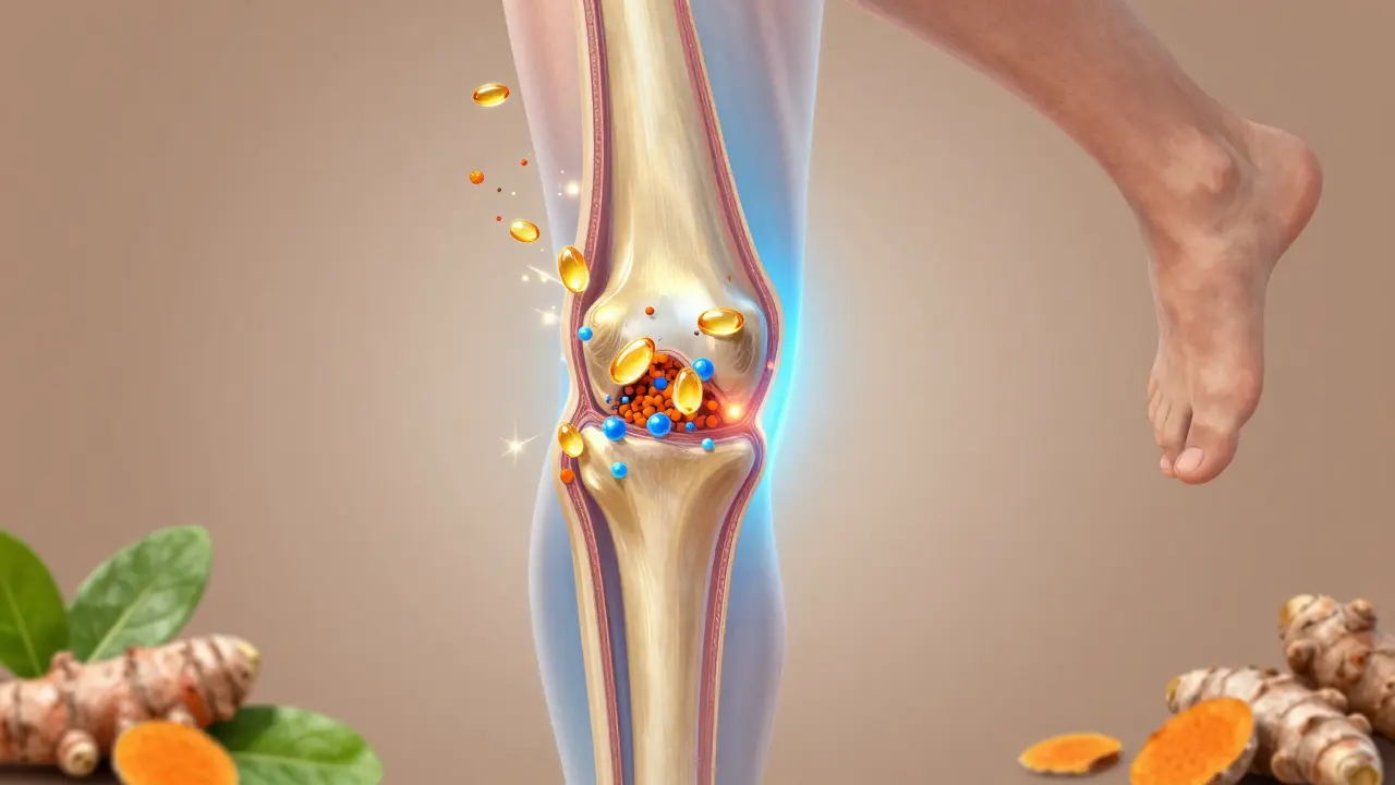 Přehled kloubu kolena s obnovou chrupavky podporovanou kolagenem a přírodními látkami.