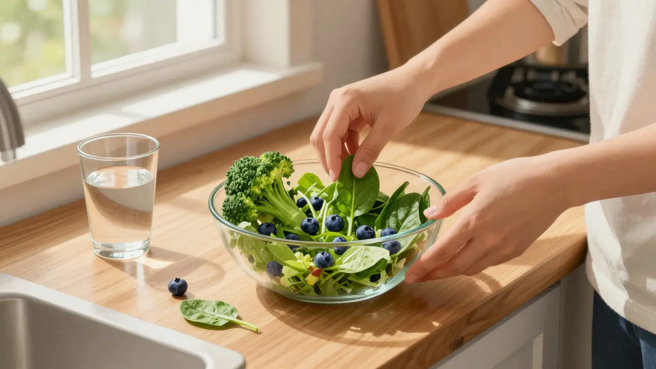 Příprava brokolice a borůvek na kuchyňském stole.