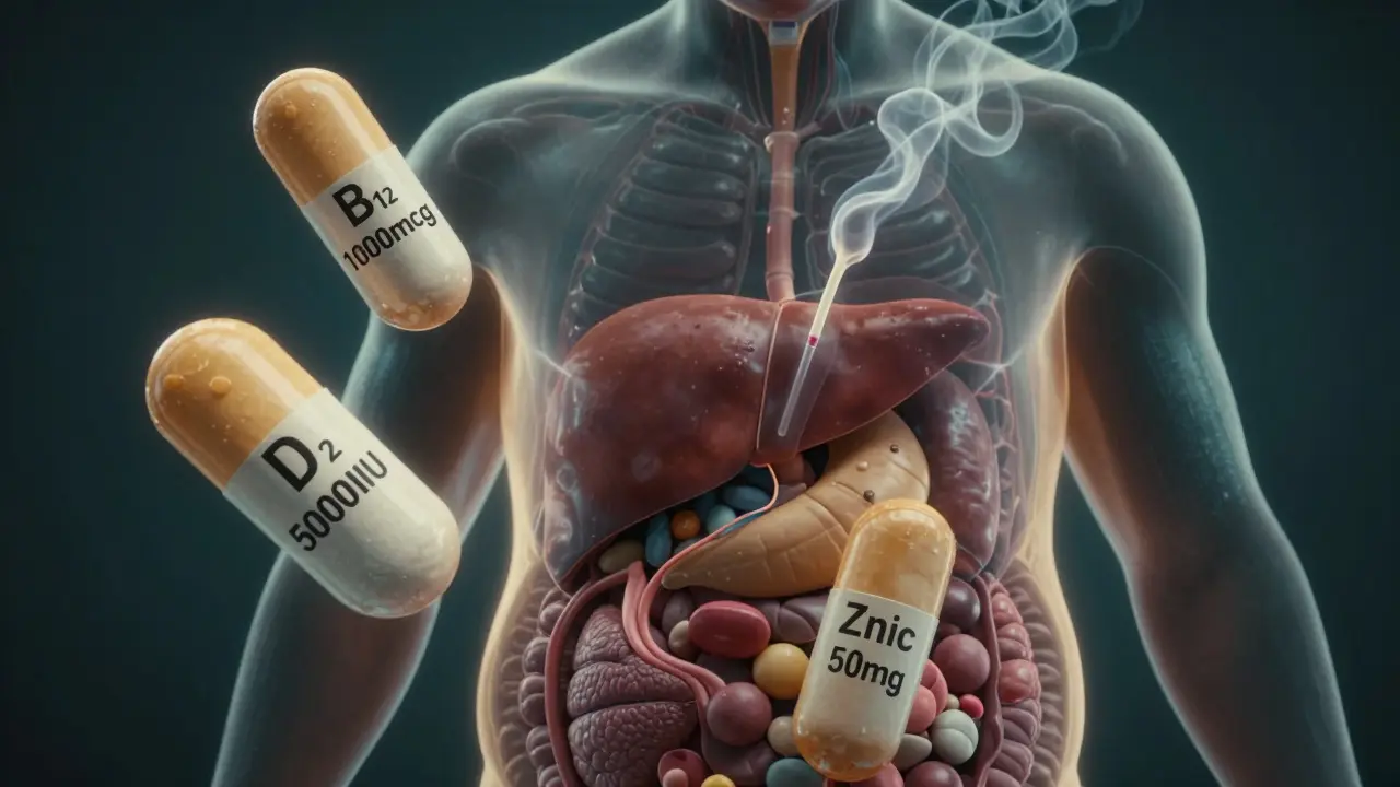 Průřez těla s tukem na břiše a přebytkem vitamínů B12, D a zinku plavajících vedle.