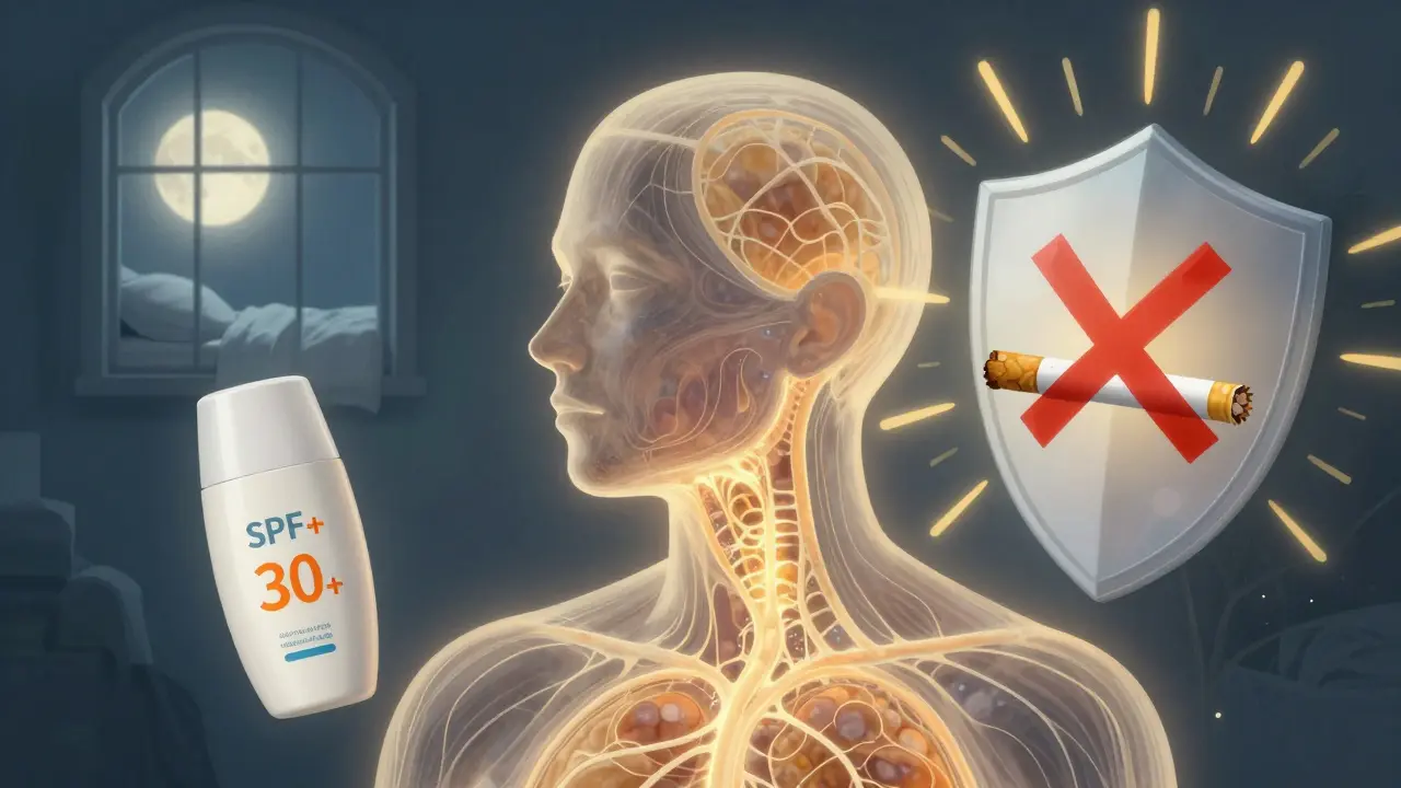 Průzračný lidský obraz s viditelnými kolagenovými vlákny, ochranou před sluncem, spánkem a bez kouření.