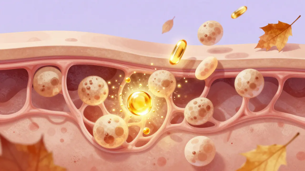 Řez kůží ukazující, jak retinol stimuluje tvorbu kolagenu a obnovu buněk v hlubokých vrstvách.