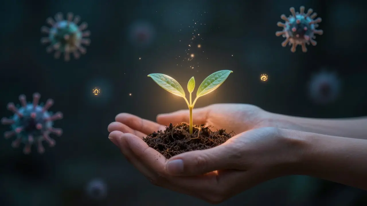 Ruce držící malý rostoucí výhon ve tvaru nehtu, symbolizující obnovu a péči, s jemnými světelnými prvky kolem.