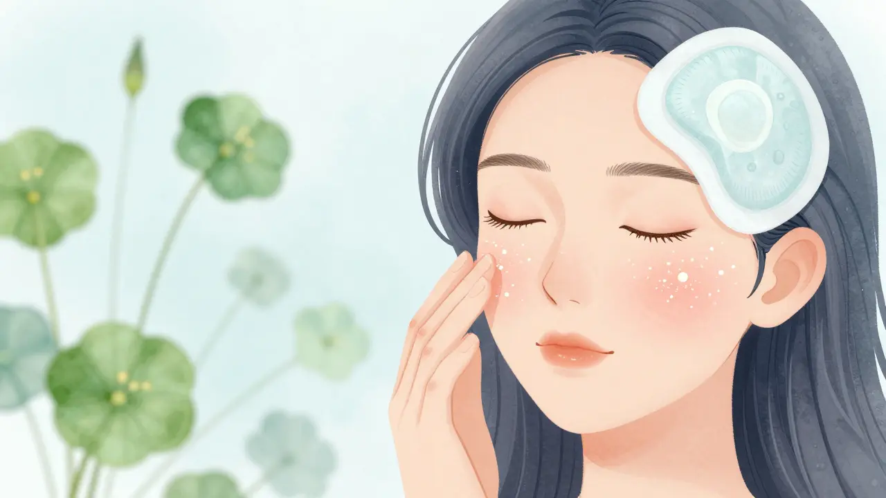 Ruka aplikuje sérum na zarudlou pleť s viditelnými klidícími látkami.