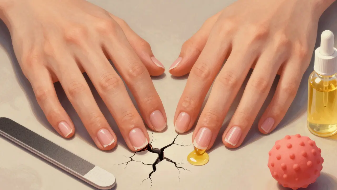 Ruka s poškozenými nehty na jedné straně a zdravými, leskoucími se nehty na druhé, s olejem a gumovou kuličkou v pozadí.