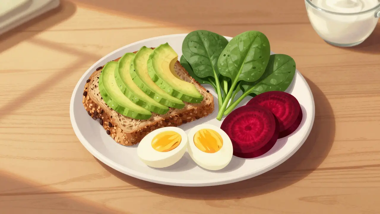 Snídaně po alkoholu: vejce, avokádo, řepa a kefír na dřevěné desce.
