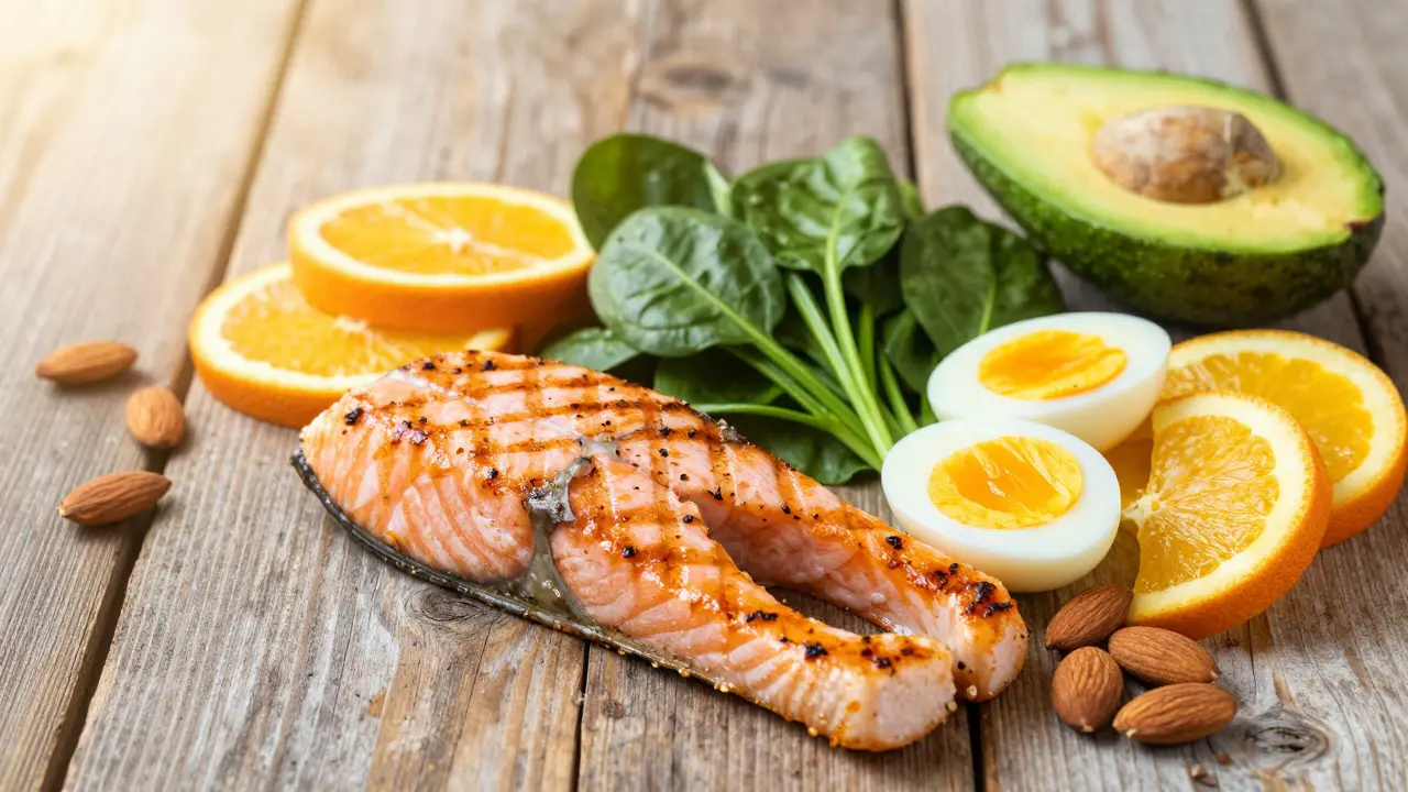 Špenát, losos, vejce, citrusy a mandle na stole pro optimální vstřebávání živin.