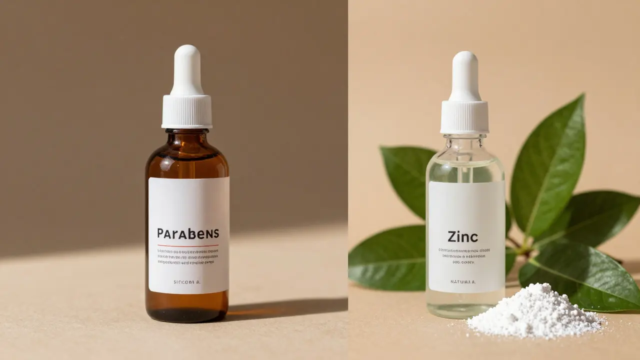 Srovnání běžné kosmetiky s chemickými látkami a přírodní kosmetiky s rostlinnými ingrediencemi a minerálními filtry.