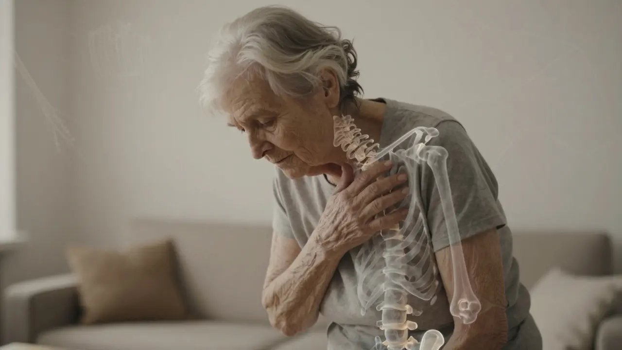 Stará žena s křivou postavou a průhlednými kostmi pro osteoporózu