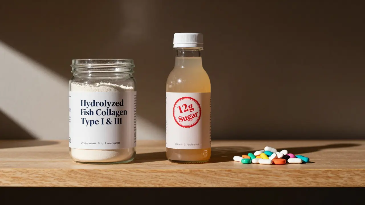 Tři formy kolagenu: prášek, nápoj a tablety, s důrazem na čistotu a obsah cukru.