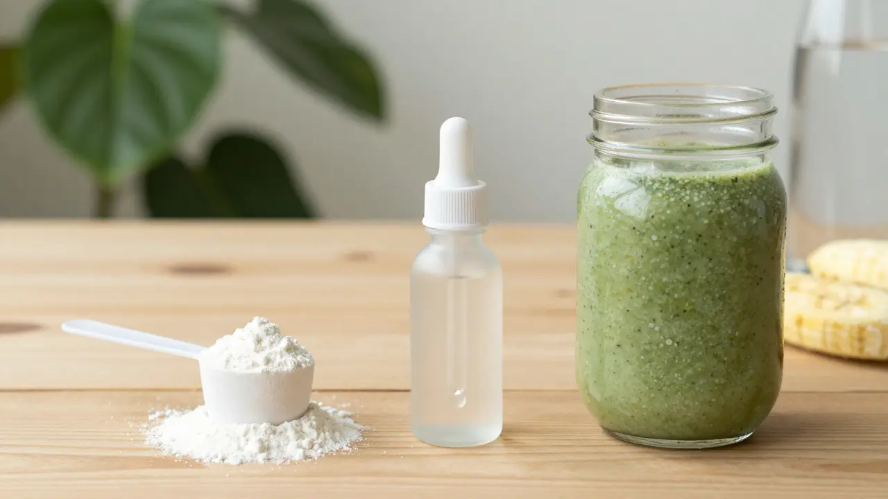 Tři formy mořského kolagenu: prášek, kapky a smoothie na dřevěném stole.