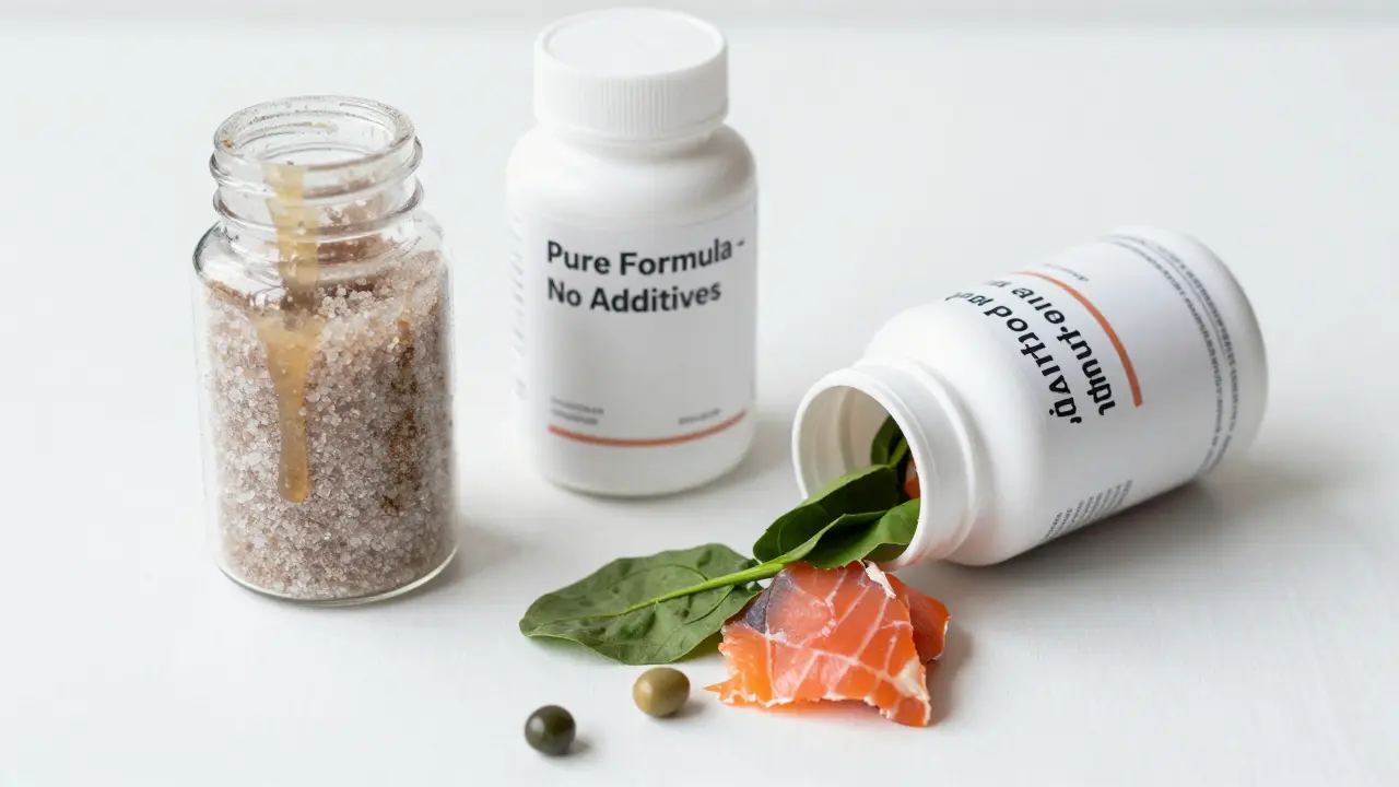 Tři typy vitamínových doplňků: jeden s cukrem, jeden čistý a jeden s přírodními potravinami.