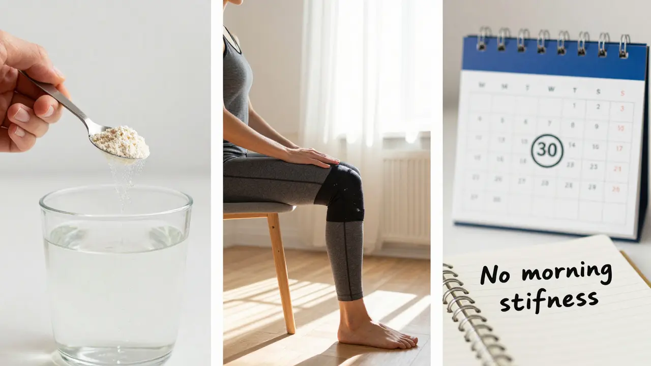 Tříčlenná scéna ukazující denní péči o klouby během 30 dnů: kolagen, cvičení a zlepšení pohyblivosti.