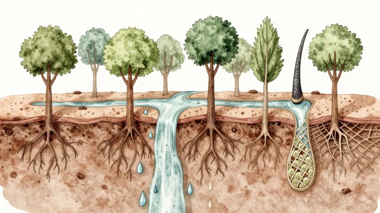 Umělecké znázornění vlasové pokožky jako živého ekosystému s krevními cévami a mazovými žlázami.