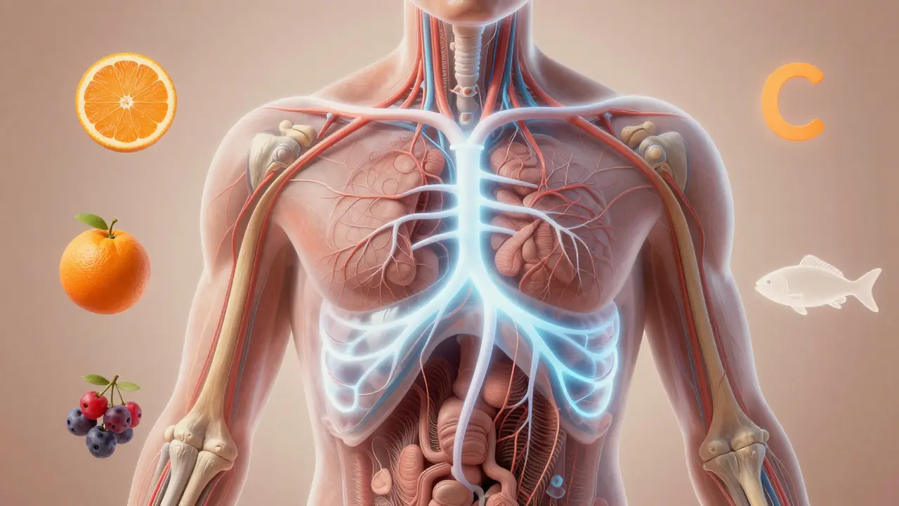 Vnitřní struktura těla s kolagenovými vlákny cestujícími do kůže, kloubů a vlasů.