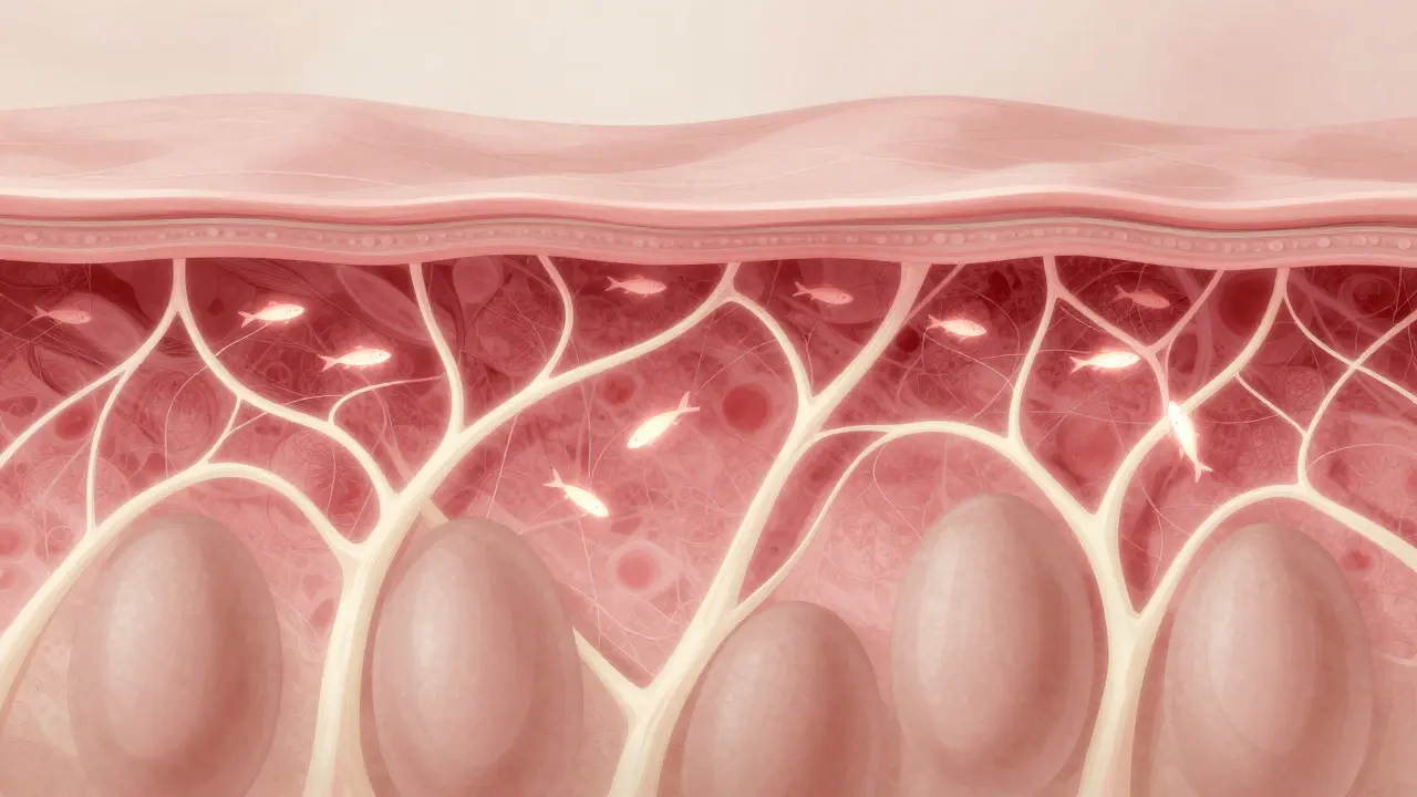 Vnitřní vrstvy kůže s kolagenovými vlákny a molekulami rybího kolagenu proudícími do dermis.