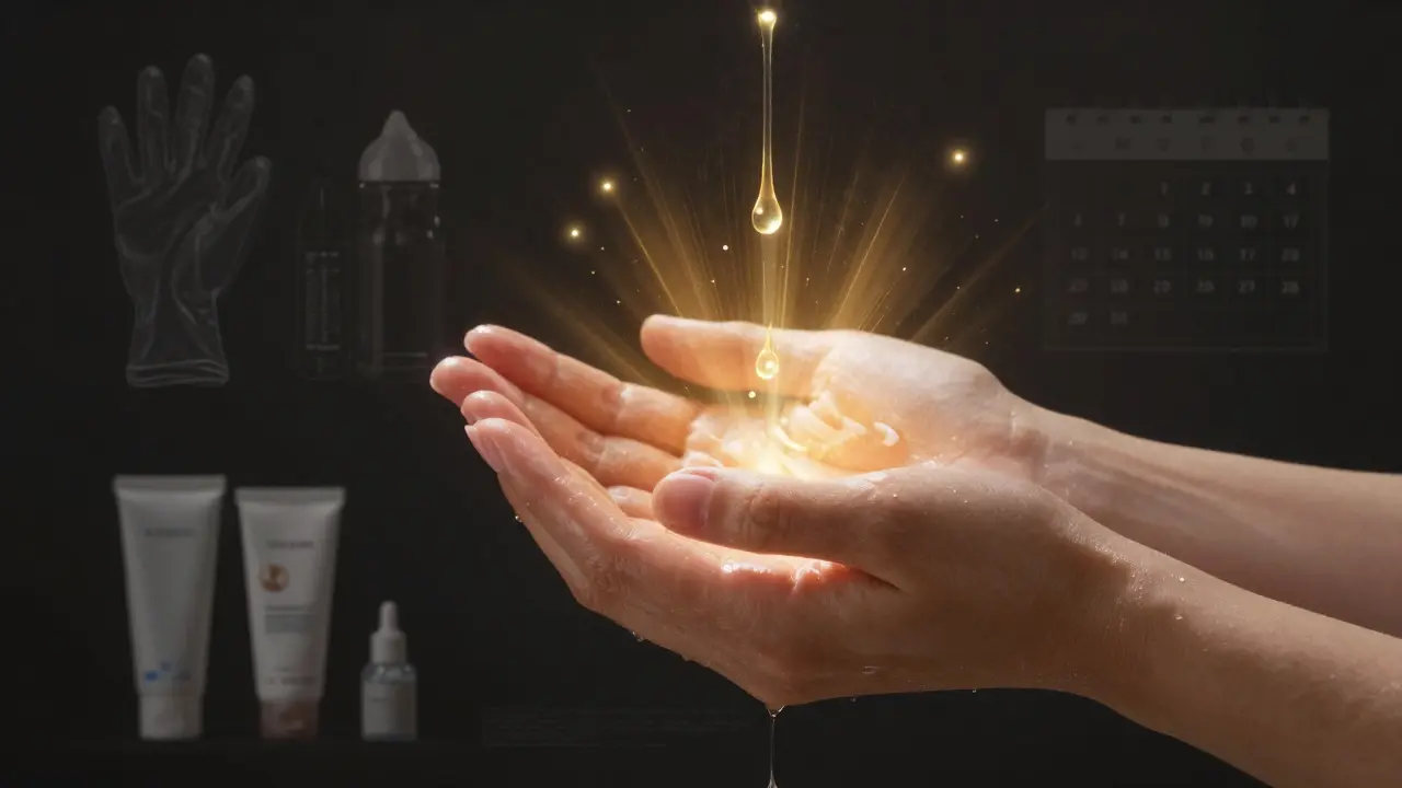 Zdravé ruce září světlem, kolem nich se vznáší kapky hydratačního oleje a jemné znaky péče.