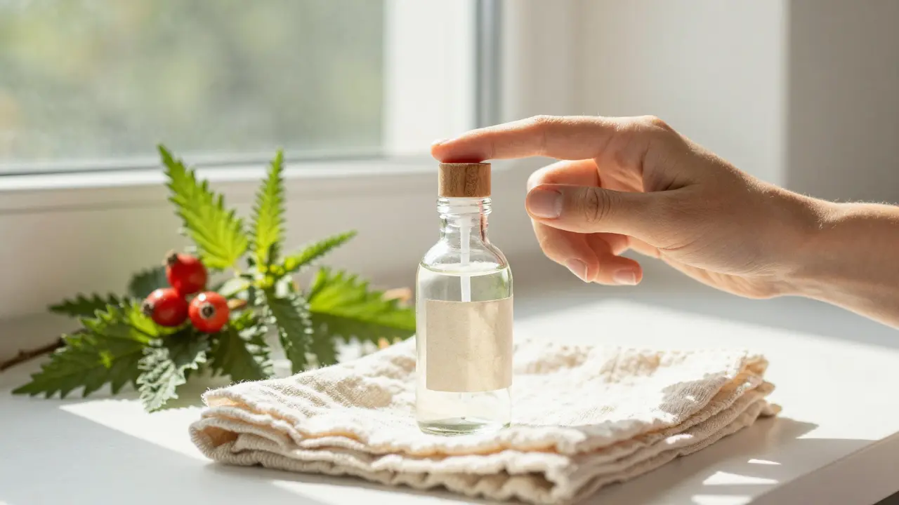 Žena aplikuje přírodní krém na obličej při přirozeném osvětlení, vedle ní skleněná láhev a kompostovatelné balení.