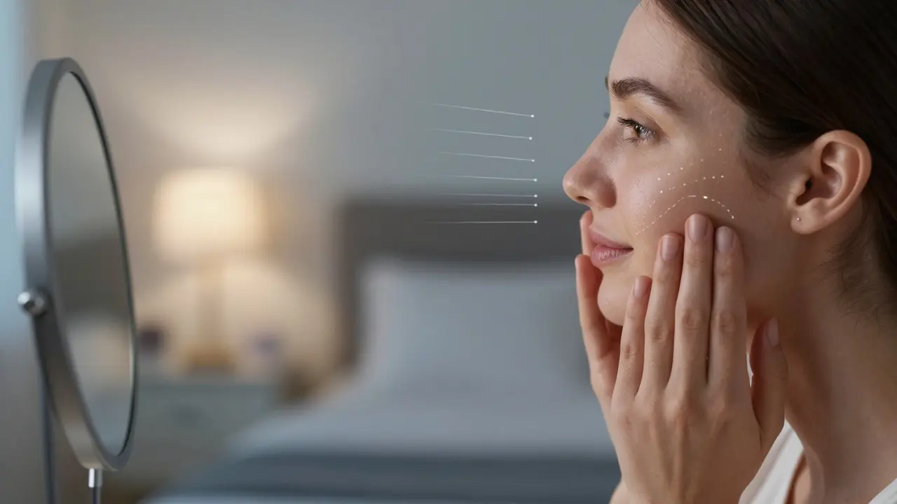 Žena se dívá do zrcadla, kde jsou jemně vidět mikrotrhliny stimulující výrobu kolagenu v kůži.