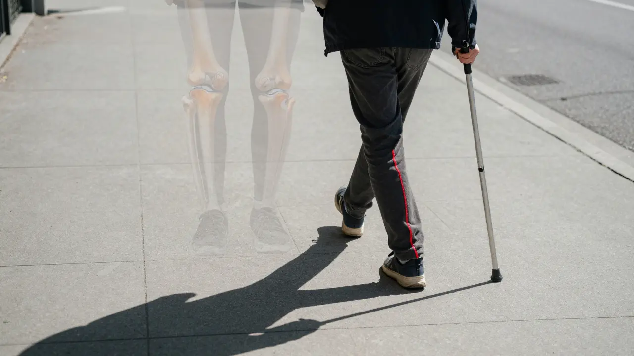 Člověk chodí s holí, jeho stín ukazuje ztrátu pohyblivosti.