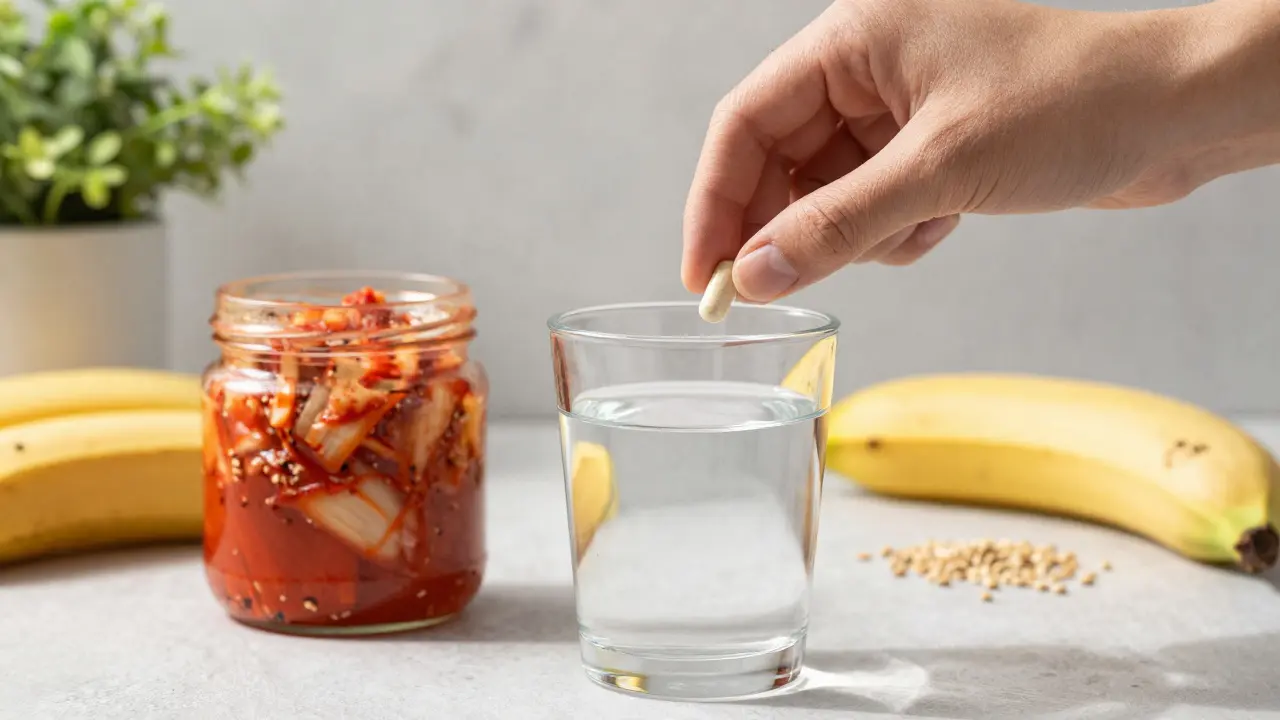 Doplňek probiotik s kvasenou zeleninou a banánem na přírodní obnovu střev.
