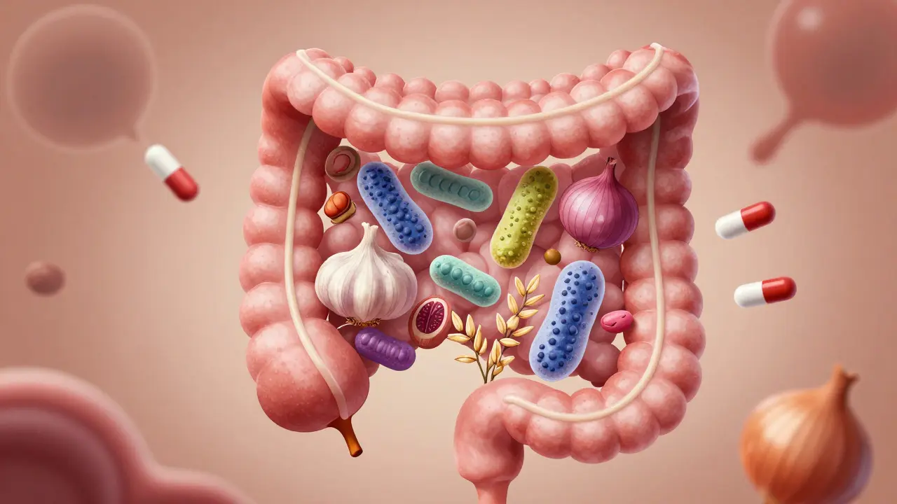 Ilustrace střevní mikroflóry s užitečnými bakteriemi žijícími mezi prebiotickými vlákninami