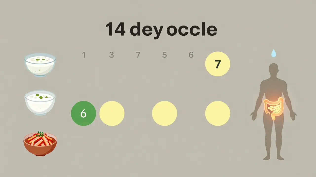 Kalendářový cyklus 14 dní užívání a 7 dní pauzy Enterosgelu s potravinami podporujícími mikroflóru.