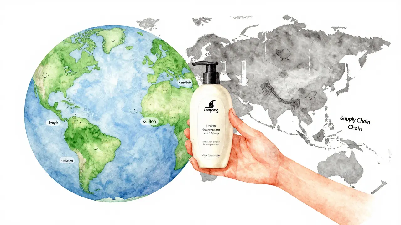 Koncepční ilustrace globu rozděleného na čistou Evropu a stínovou Asii s testováním na zvířatech.