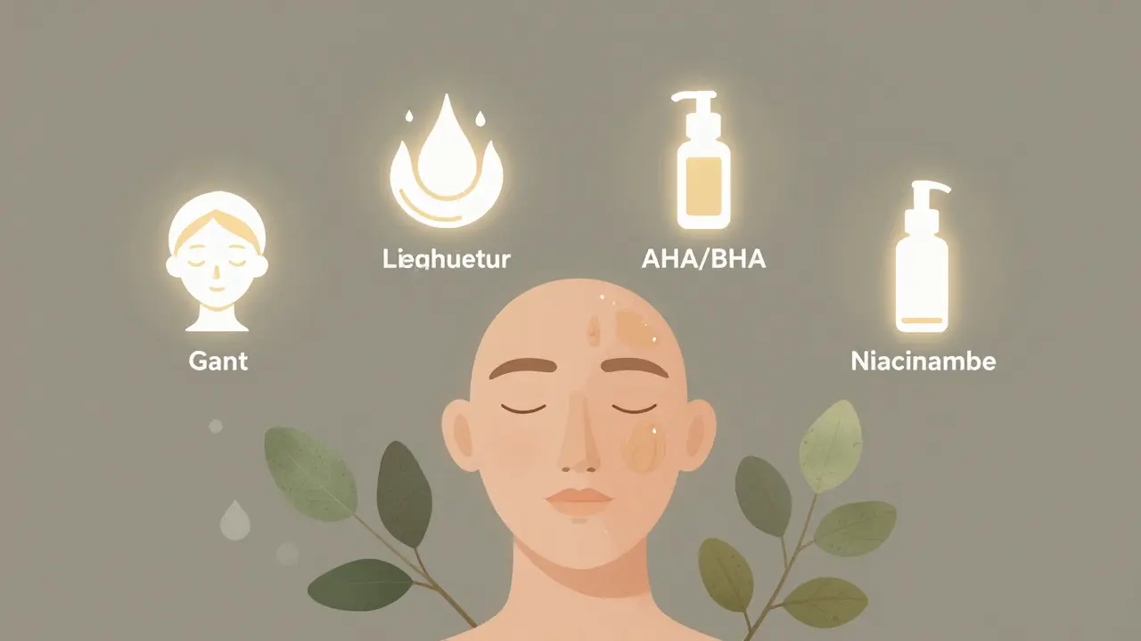 Koncepční ilustrace vyvážené péče o pleť s čtyřmi klíčovými kroky.